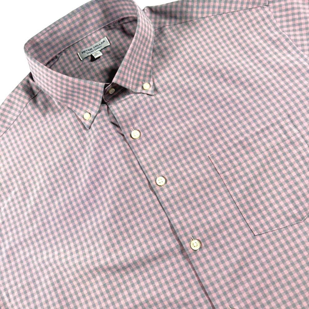 Peter Millar Summer Comfort Button Down Shirt‎ Mens XL Pink Grey Gingham Check